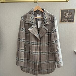 Women's Belle & Bloom Brown, Black, Blue Plaid Snap Front Coat Size L NEW